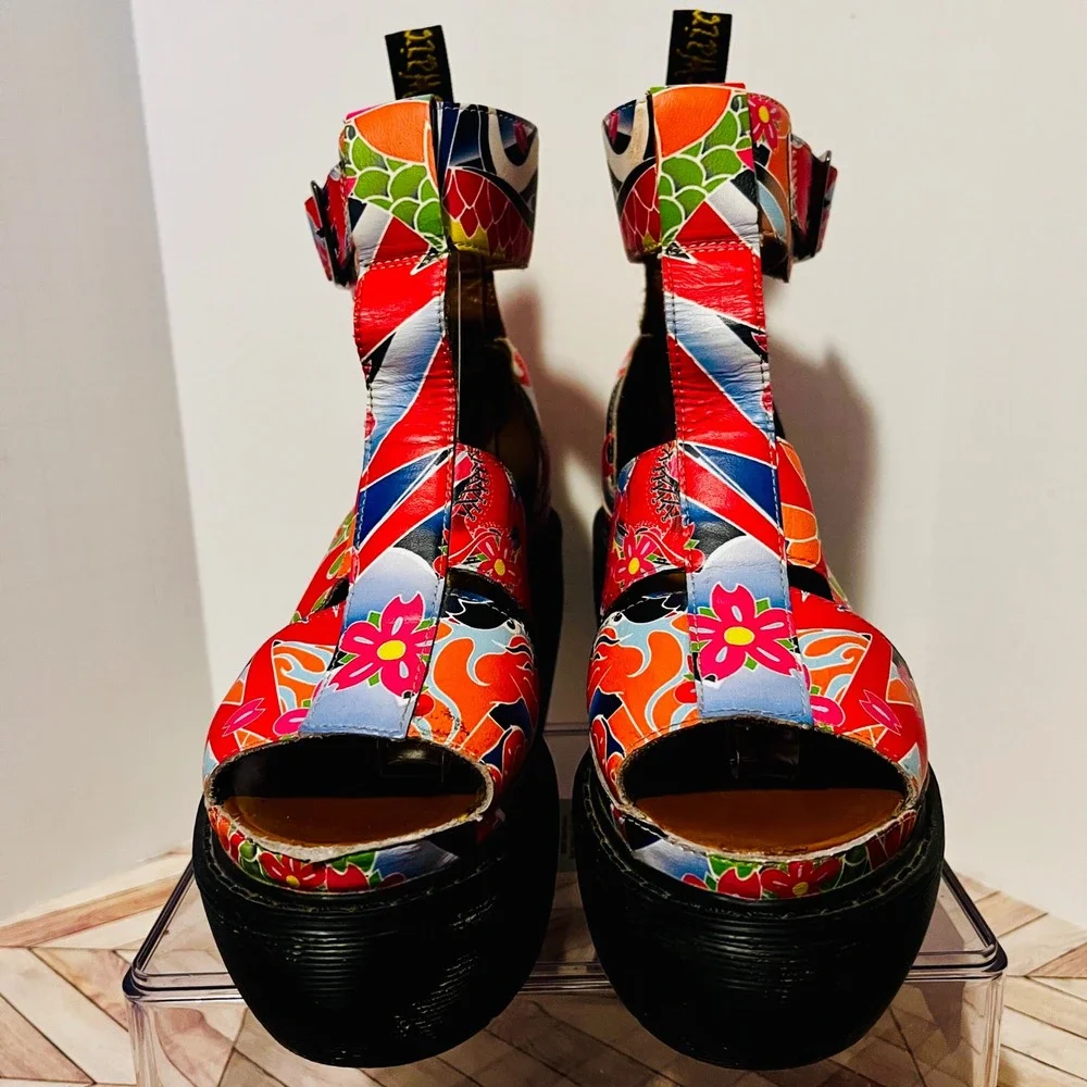 Dr Martens Bessie Wedge Platform Sandals Women 5 Floral Koi Tattoo Psychedelic